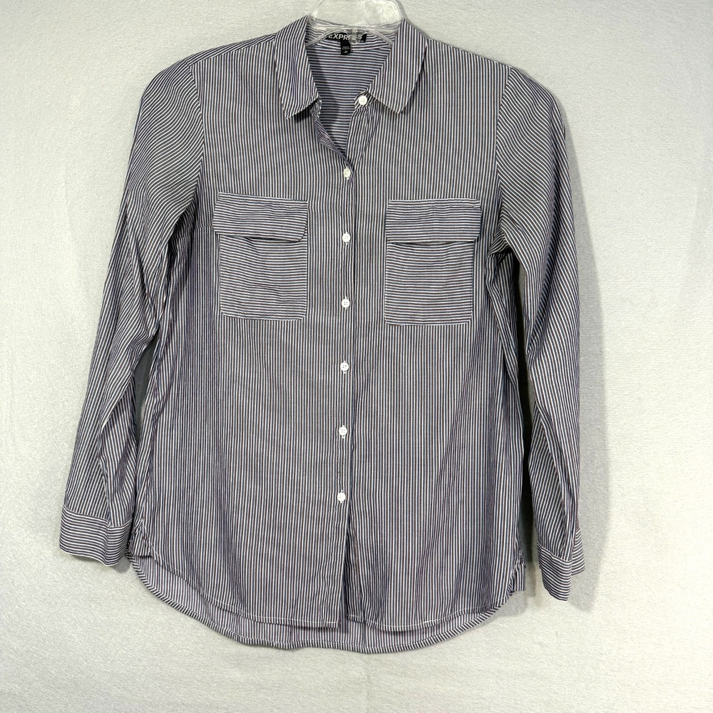 Express Women's Striped Blue Brown Button Top Size M Classic Timeless Preppy